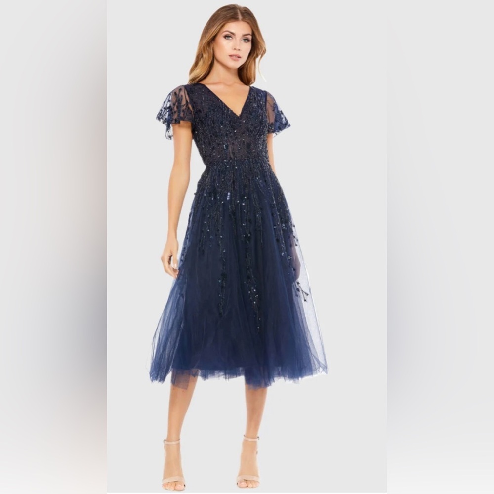 NEW MAC DUGGAL Embellished Flutter Sleeve Tea-Length Dress Midnight Navy 20304 - Picture 3 of 9